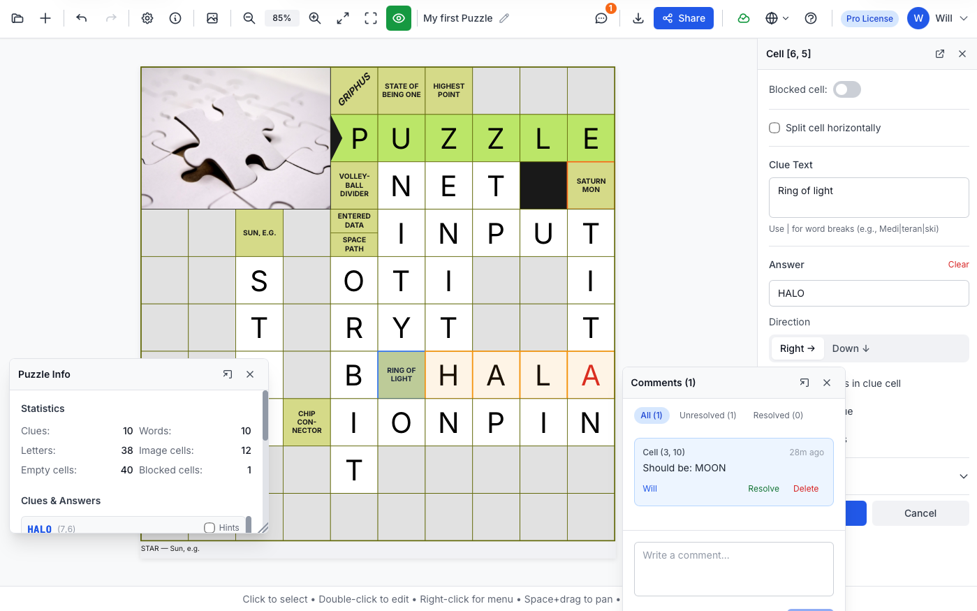Griphus crossword puzzle designer interface